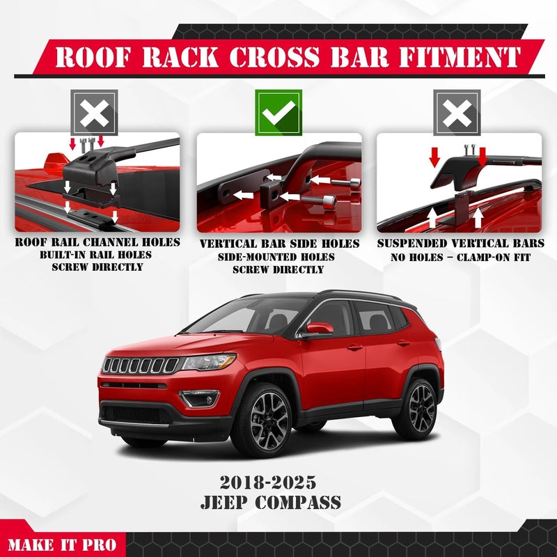 KitsPro 260lb Roof Rack Cross Bars for 2018-2025 Jeep Compass (ONLY FIT Factory Flushed Side Rails), Matte Black Heavy Duty Aluminum Cargo Crossbar - Image 2